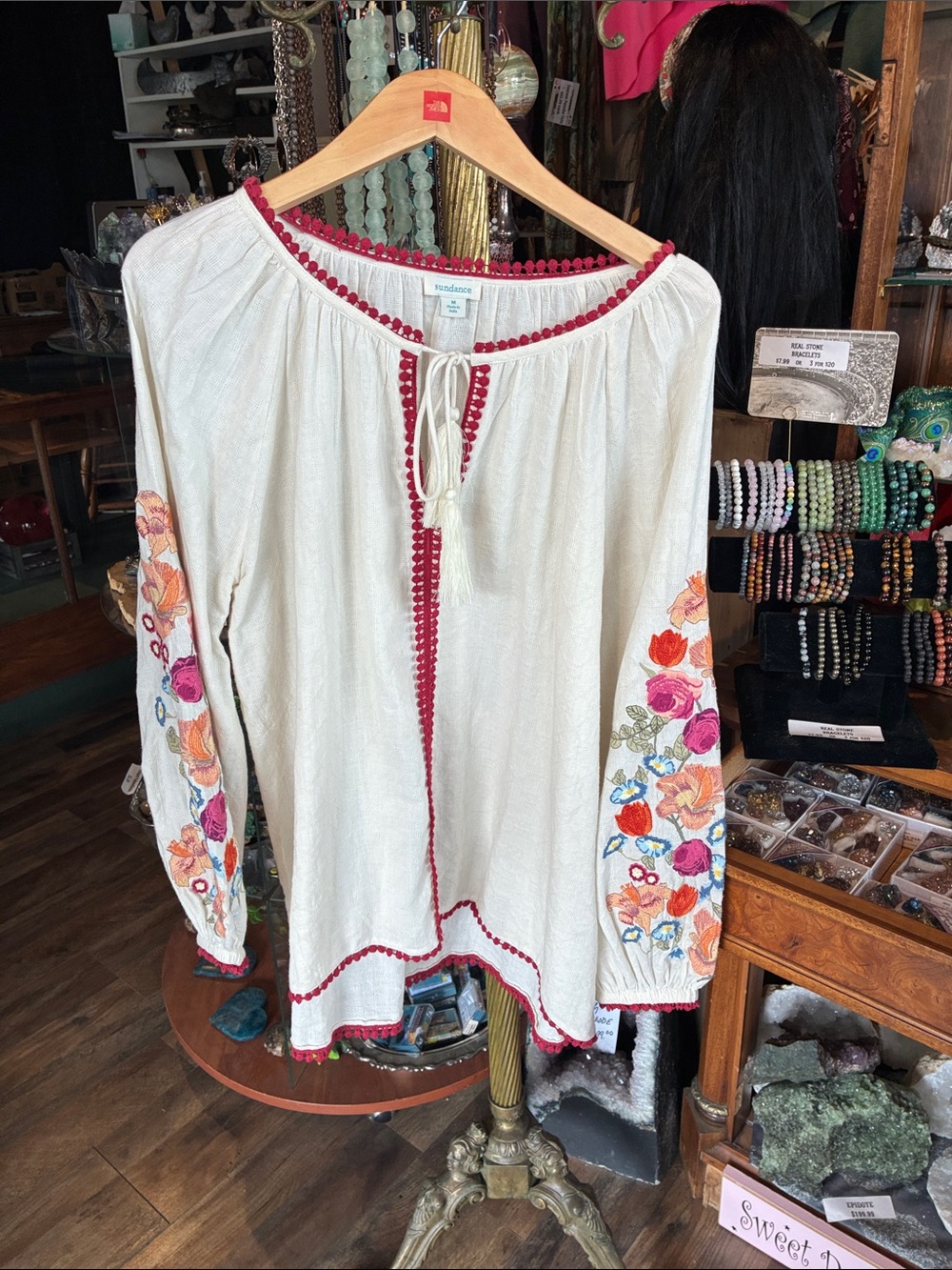 Sundance Ivory Tunic with Pink Trim and Multicolor Floral Embroidery - Picture 2 of 4